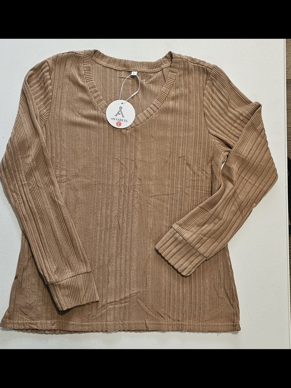 Tan Ribbed V-Neck Long Sleeve Top